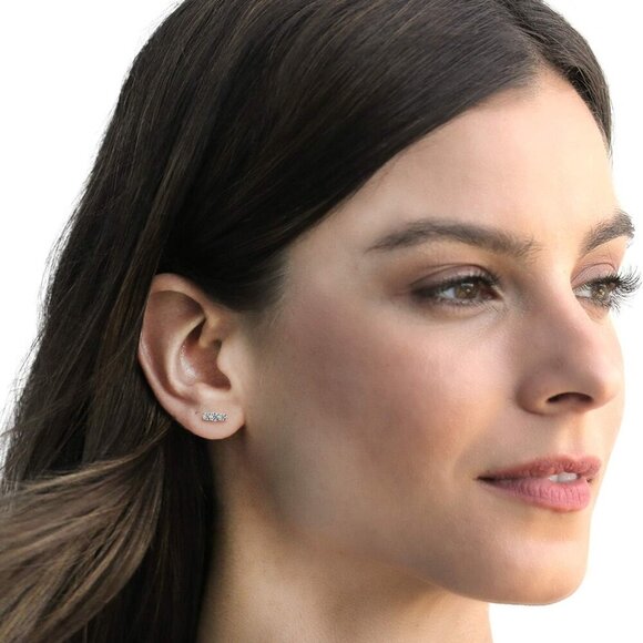 14K Gold Plated Mini Bar Stud Earrings | Hypoallergenic CZ for Everyday Elegance - Picture 4 of 5